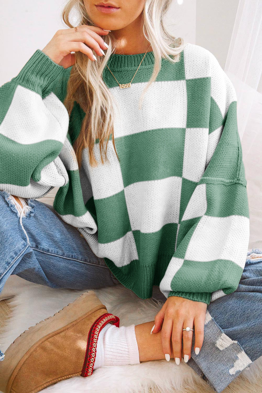 Too Cozy to Care Green Checkered Sweater